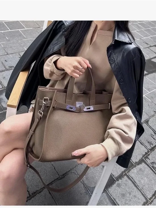 NEW Amazon brand -HaiPomo Structured Taupe Leather Tote with Detachable Strap - Picture 5 of 6